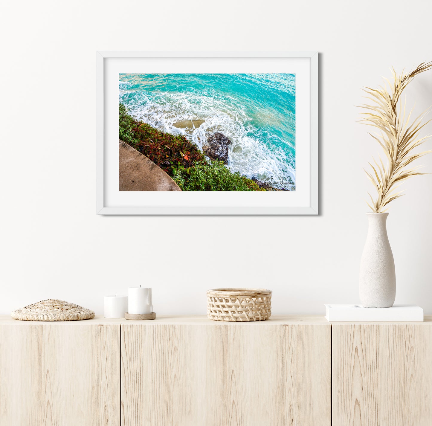 Coastal Harmony - Seascape with Green and Red Foliage Print
