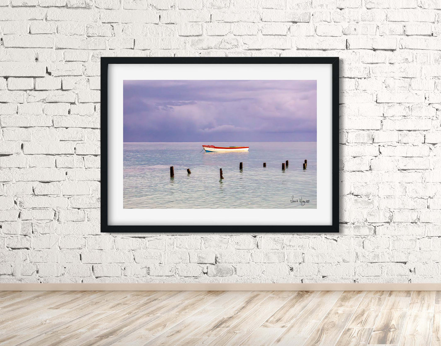 Tranquil Rainfall Retreat - Fishing Boat in Westmoreland Waters Print