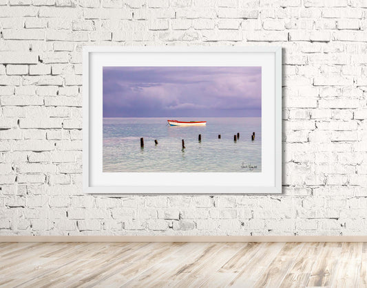 Tranquil Rainfall Retreat - Fishing Boat in Westmoreland Waters Print